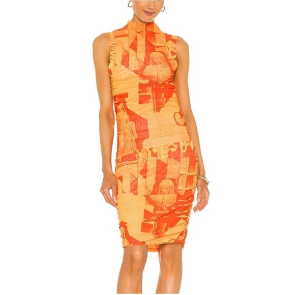 Miaou Dresses & Skirts - Miaou Orange Graphic Print Ruched Mock Neck Sleeveless Midi Dress Size‎ S